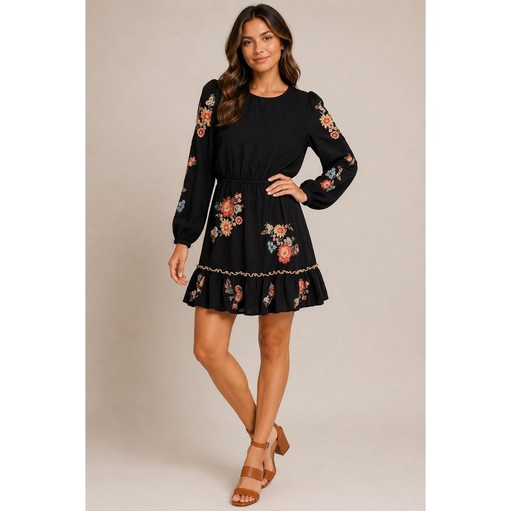 Savanna Jane Black Floral Embroidered Long Sleeve Mini Dress Small Boho Ruffle